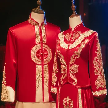 Ķīniešu Tradicionālā Kāzu Kleita Līgava Vizuļi Frēzēšana Cheongsam Grauzdiņš Apģērbu Qipao Sieviešu un Vīriešu Puse Kleita
