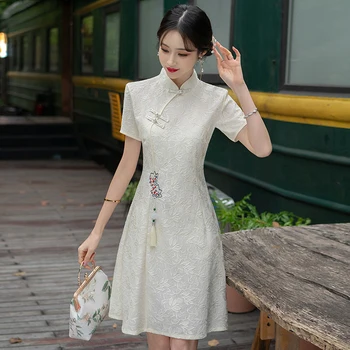 Ķīniešu Tradicionālā Qipao Īsām Piedurknēm Kleita Sievietēm Apģērbu Jauno Vasaras Vintage Mežģīnes Cheongsam