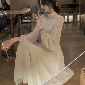 2023 Vasaras Augstu Uzrullētu Apkakli Bēšs Balts Midi Kleita Sievietēm Ar Garām Piedurknēm Franču Elegants Viens Gabals Kleita Korejas Modes Apģērbu Dizainu