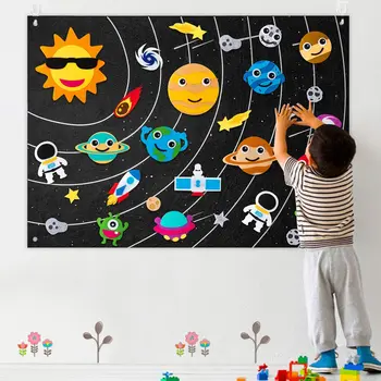 Kosmosā Jutos Montessori Bērnu Valdes Aizņemts Mācību Stāstu Grāmatu, Saules Sistēmu, Visumu Flaneļa Interactive Play Mat