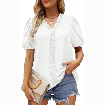 Krekls Sievietēm 2023 Vasaras Modes Jaunais V-veida kakla Mežģīnes Īsām Piedurknēm T-krekls vienkrāsainu Ikdienas Blūze