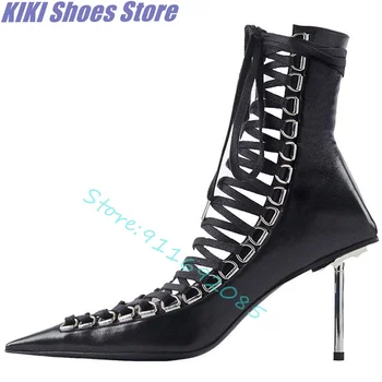 Melns krusts mežģīnes pēdas pacēluma dobi āda jaunu dobi sandales liela izmēra catwalk īsi zābaki sieviešu kurpes