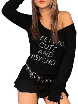 Sieviešu Y2K Gothic Pie Pleca Kreklu E-Meitenēm Vēstuli Sequin garām Piedurknēm Topi Brīvs Punk Iet, Streetwear