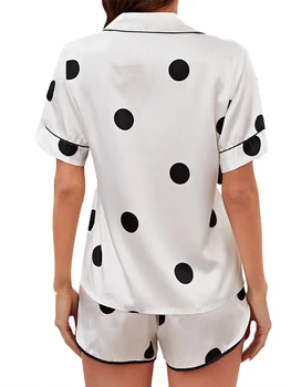 Sieviešu Zīda Pidžamas Komplekts ar Mežģīņu Apdari ar Īsām Piedurknēm Pogu uz Leju Krekls un Elastīga Vidukļa Bikses Loungewear Sleepwear 2-Gabals