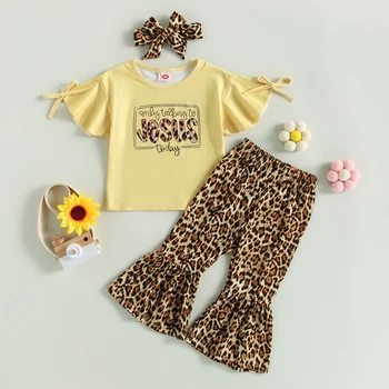 Bērnu Drēbes Meitenei, Bikses, Uzvalks Burtiem Drukāt Krekls + Leopard Bell-Dibeni Bikses Apģērbs + Galvas Joslā Bērnu Apģērbs