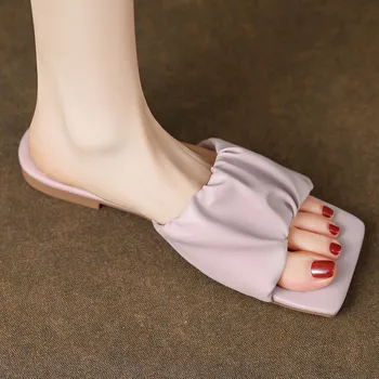 danxuefei sieviešu liels PU ādas kroku slip-on dzīvokļi vasaras āra čības atvērtu purngalu mīkstas ērtas kurpes sandales sievietēm
